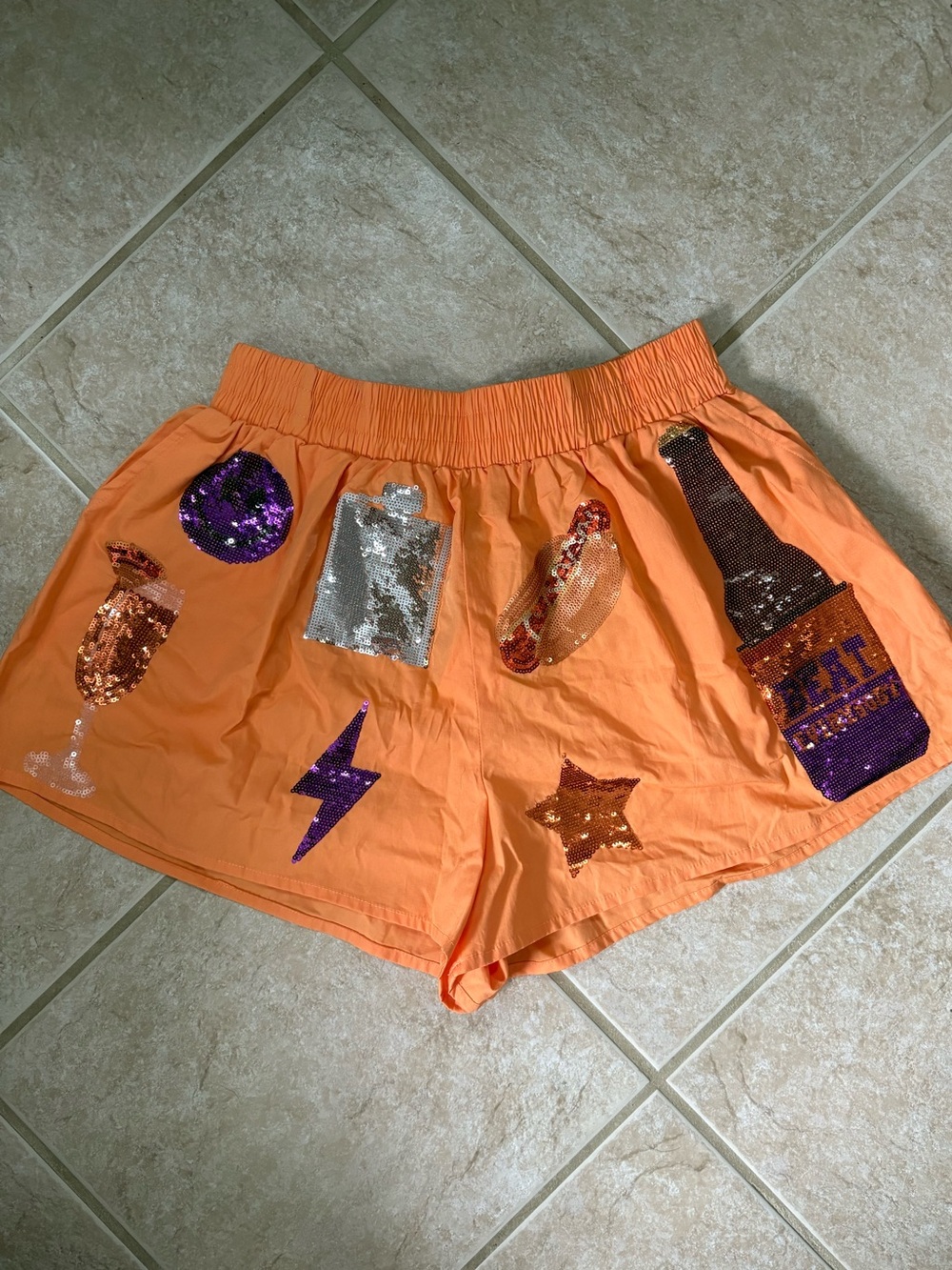 🆕 Queen of Sparkles Burnt Orange Icon Shorts w/ colorful sequin patches XS